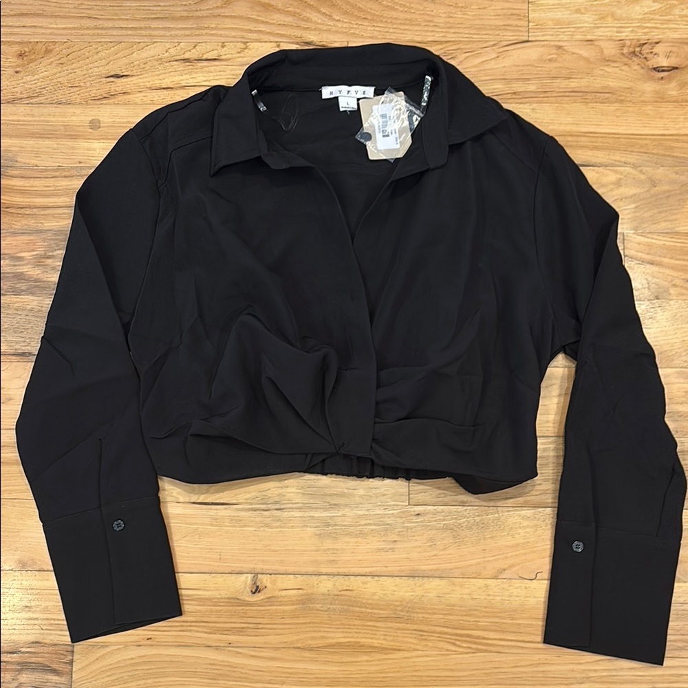 HYFVE Black Crop Tie Front Button Down Shirt
